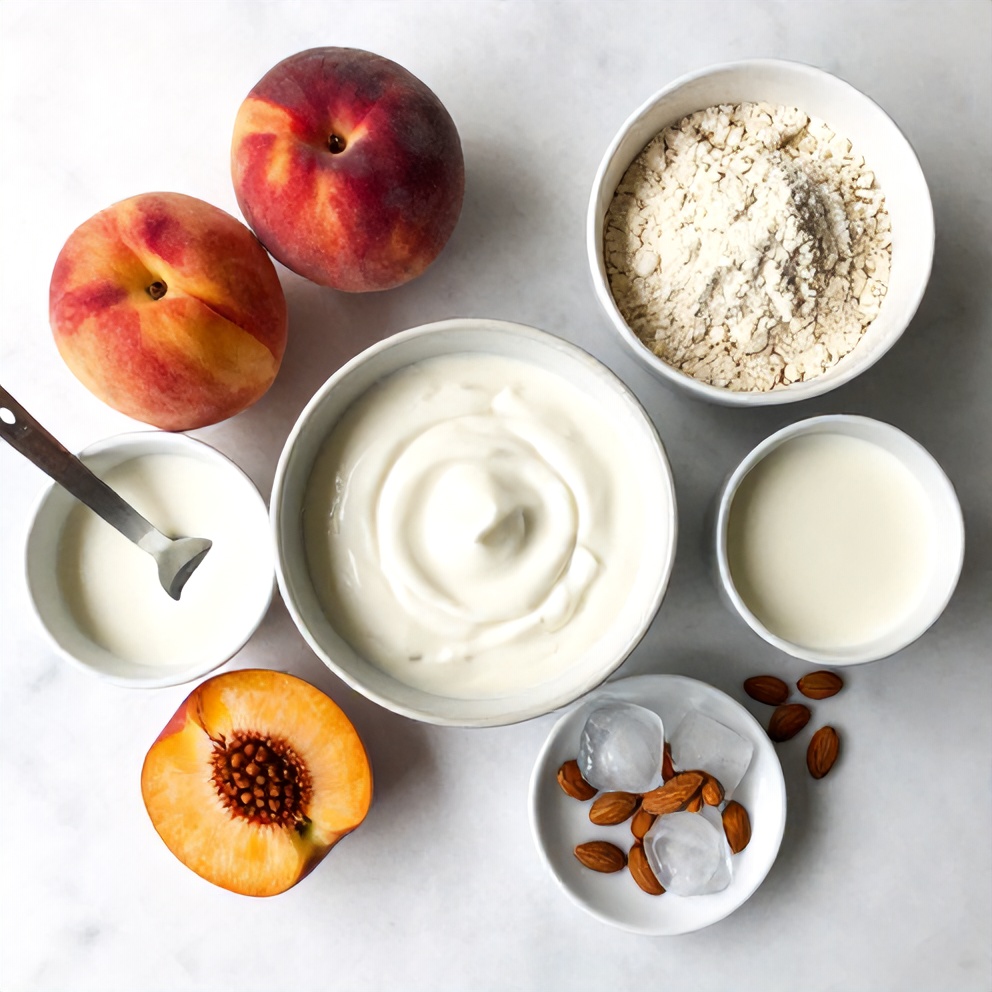 Raw ingredients for creamy peach protein shake: fresh peaches, Greek yogurt, protein powder, almond milk, honey, and ice