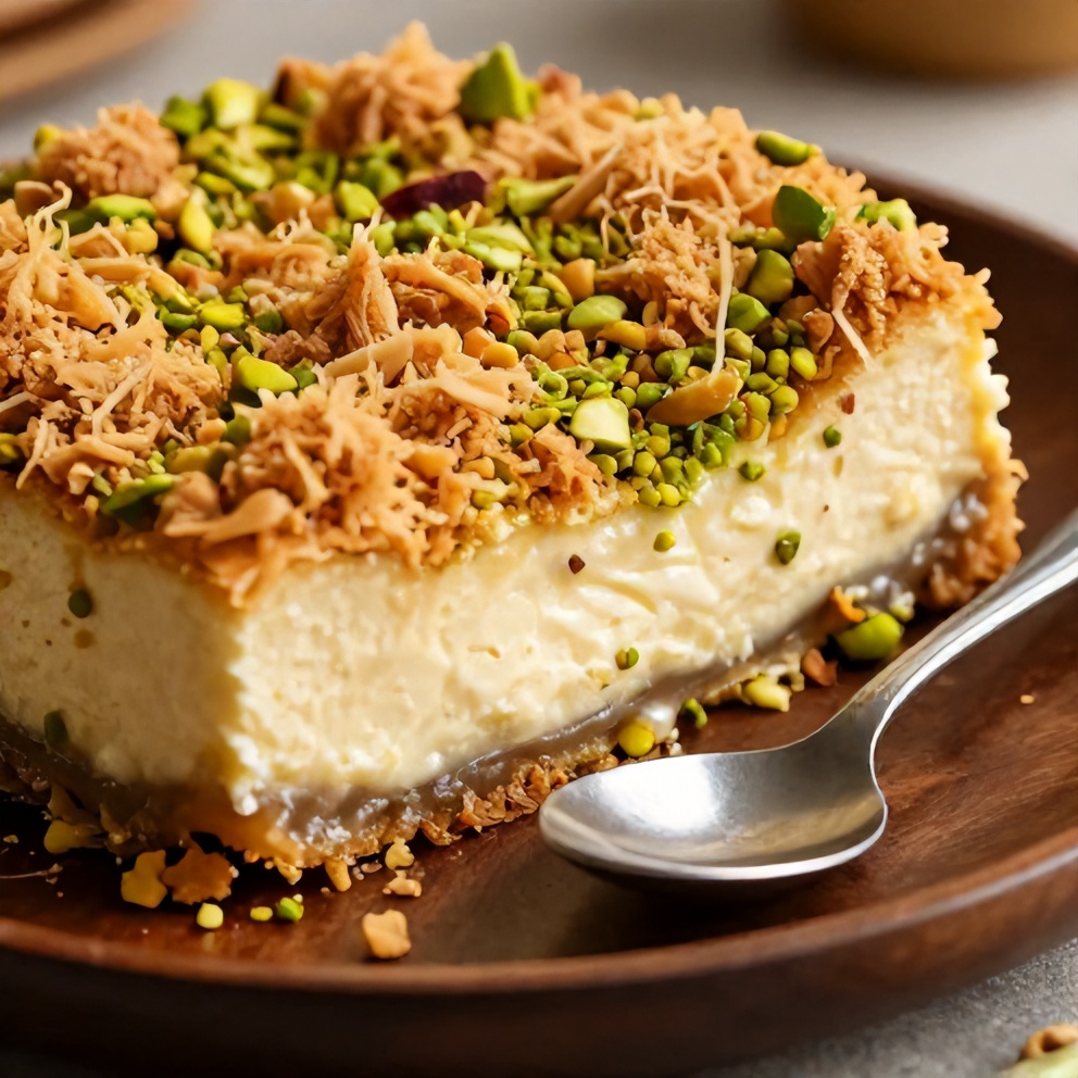 Sliced Pistachio Baklava Cheesecake on a plate with a spoon