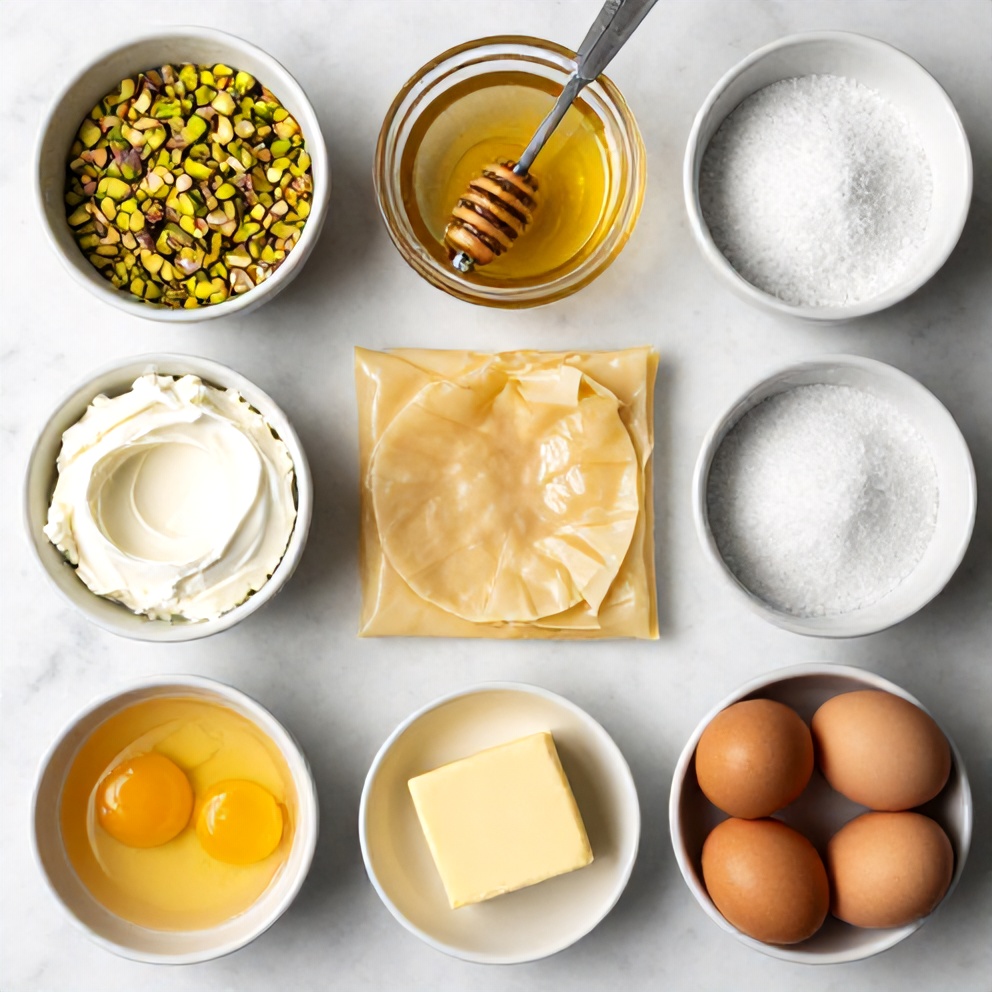 Raw ingredients for Pistachio Baklava Cheesecake including pistachios, cream cheese, and phyllo dough