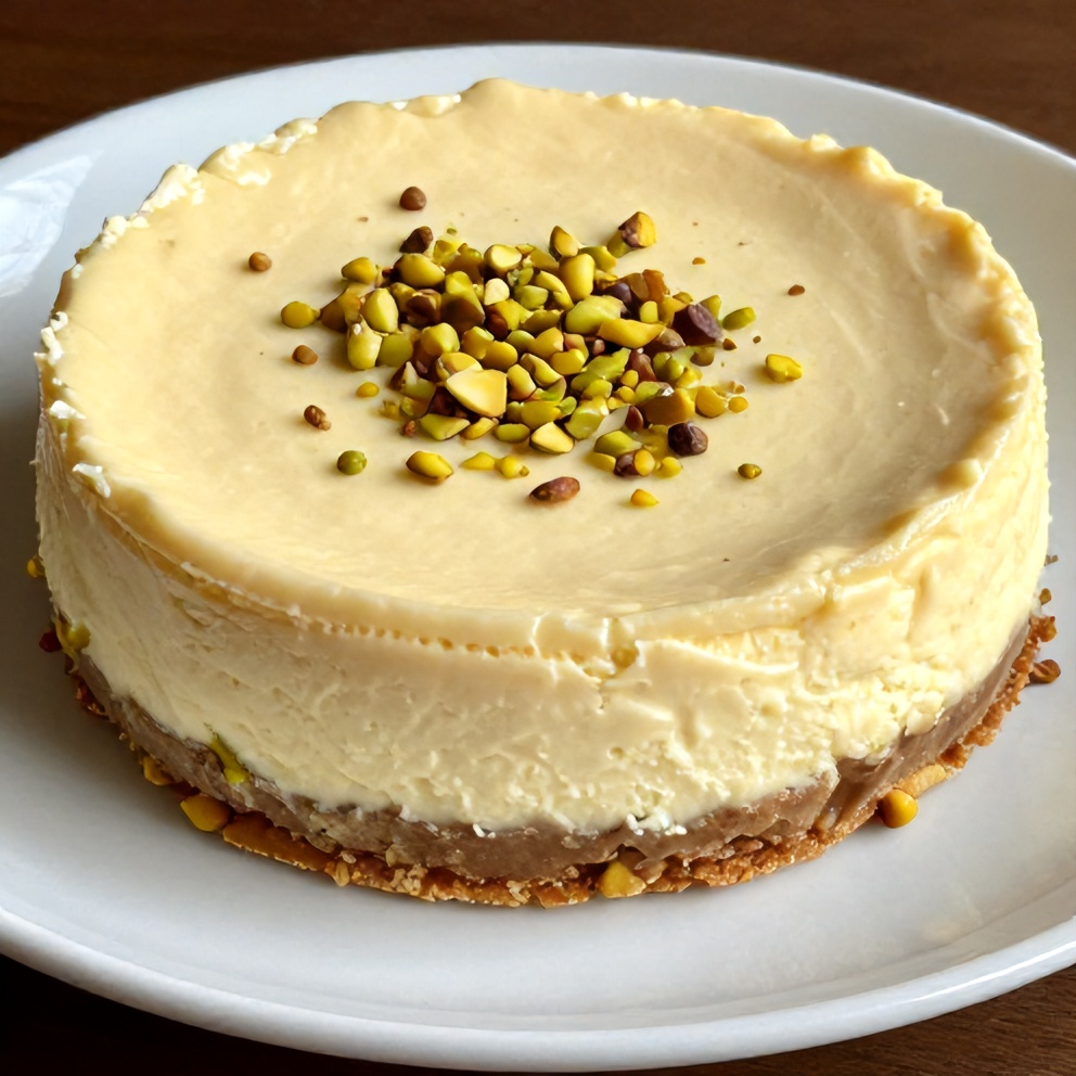 One serving of creamy pistachio cheesecake garnished with chopped pistachios on a white plate