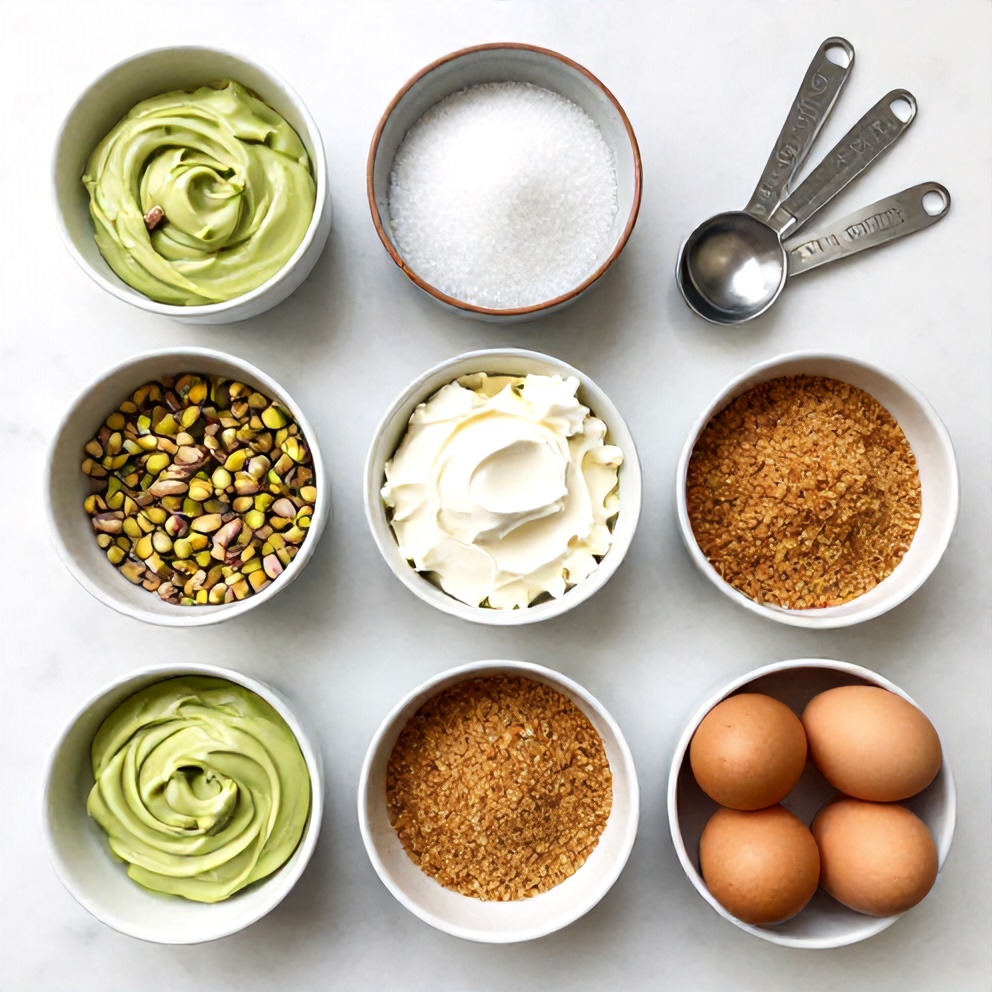 Raw ingredients for pistachio cheesecake including cream cheese, pistachios, eggs, sugar and graham crackers