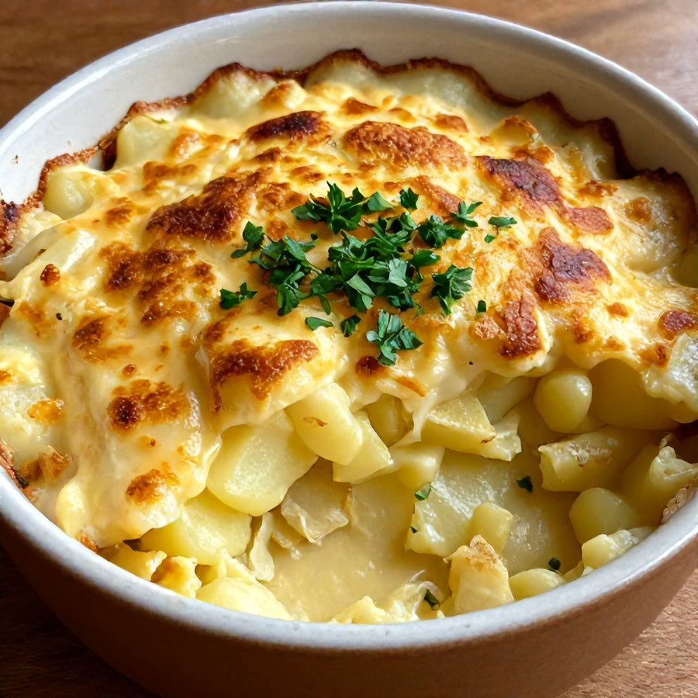Plated serving of creamy potato gratin