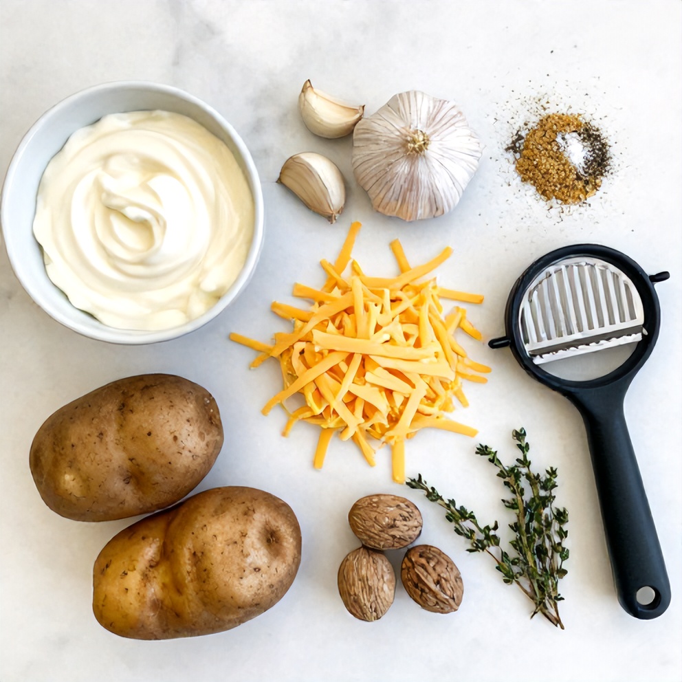 Raw ingredients for creamy potato gratin