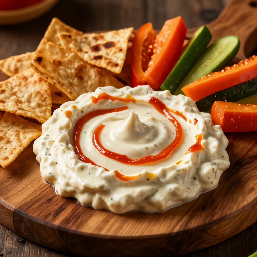 One perfect serving of Creamy Roasted Red Pepper and Garlic Dip plated on a rustic wooden board, with pita chips and vegetables for dipping.