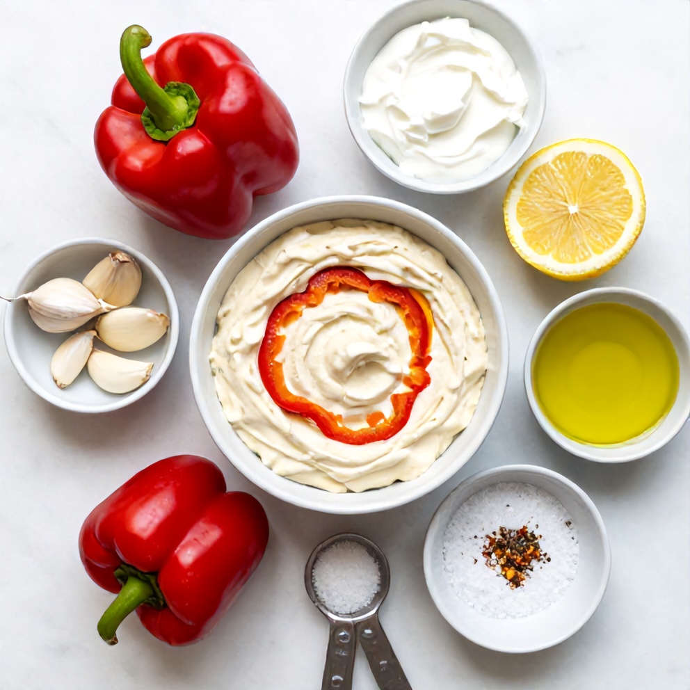 Raw ingredients for Creamy Roasted Red Pepper and Garlic Dip arranged in an overhead flat lay, including red bell peppers, garlic, and Greek yogurt.