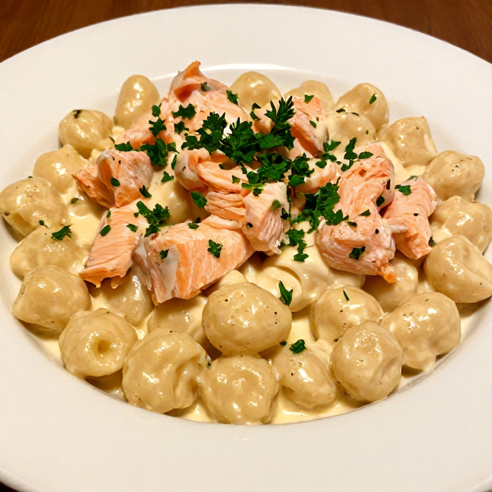 A plated serving of Creamy Smoked Salmon Gnocchi on a white plate, garnished with fresh parsley