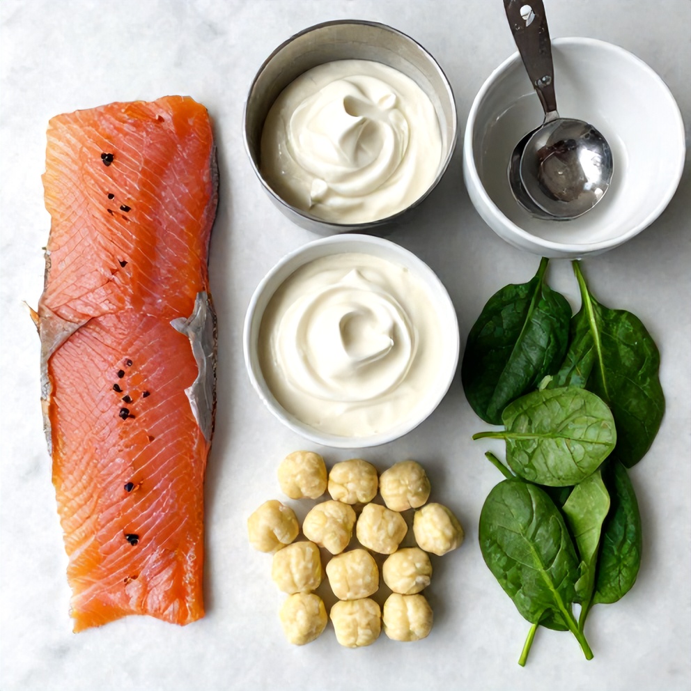 Raw ingredients for Creamy Smoked Salmon Gnocchi laid out on a marble surface, including smoked salmon, gnocchi, cream, and spinach