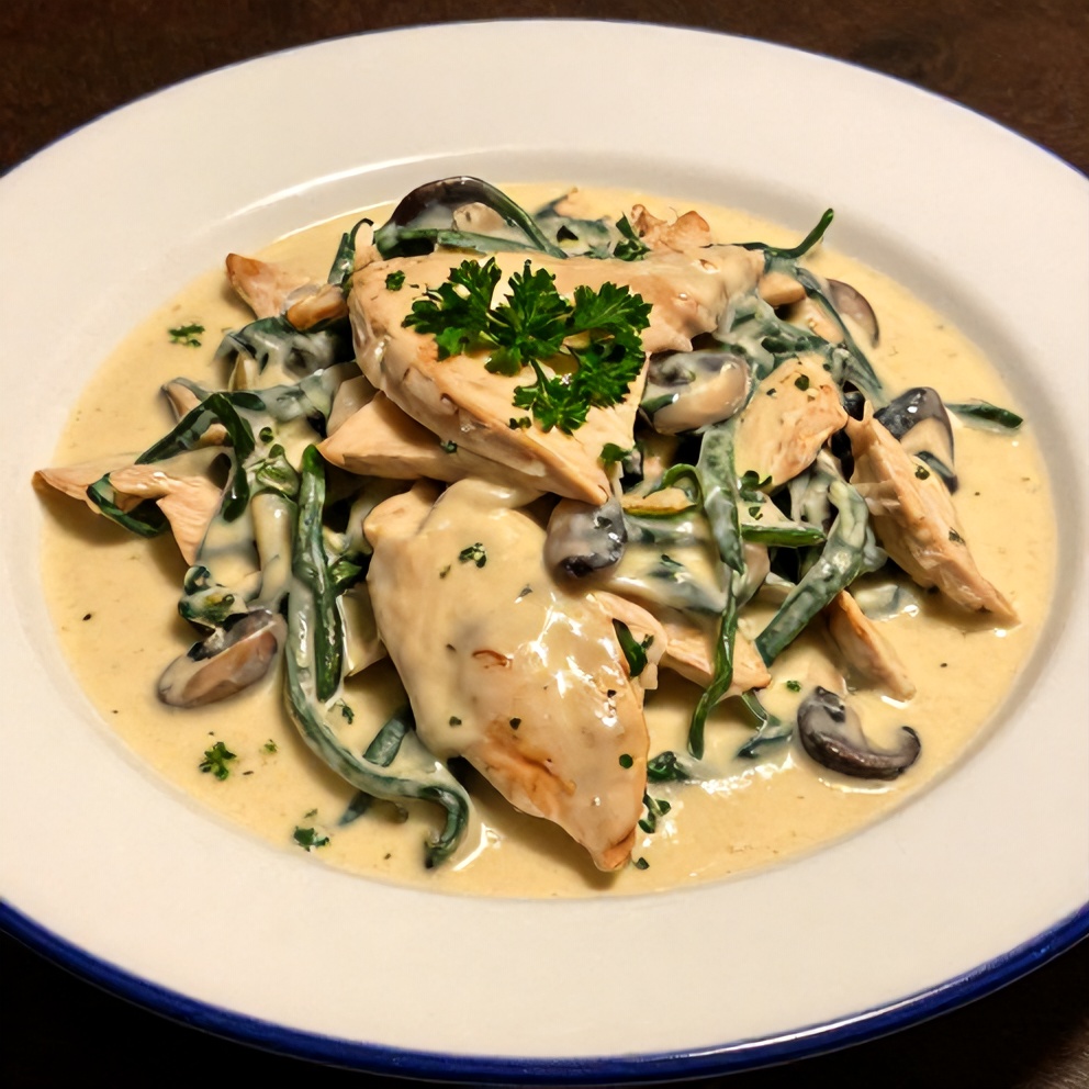 Plated Creamy Spinach Mushroom Chicken with a side of noodles