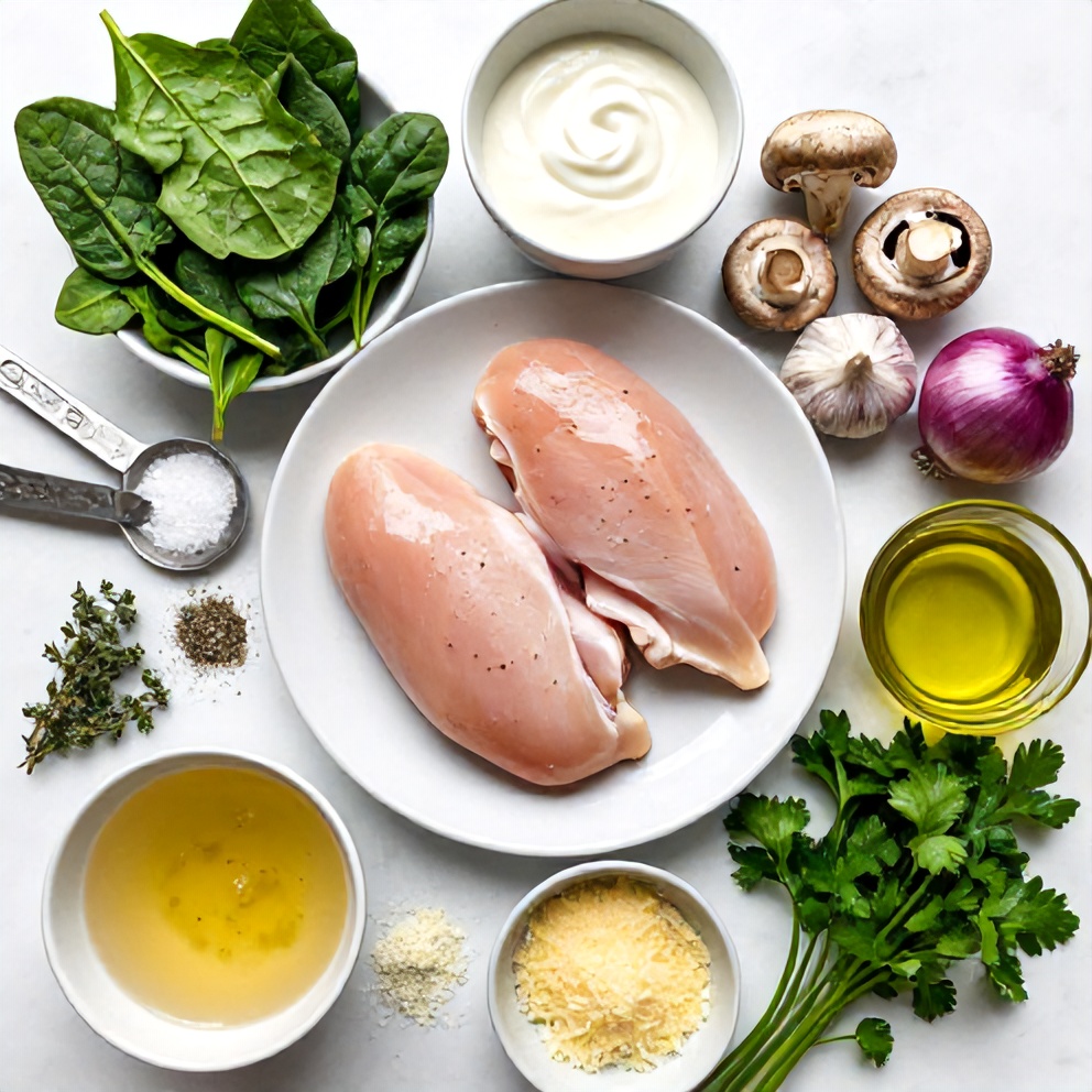 Raw ingredients for Creamy Spinach Mushroom Chicken