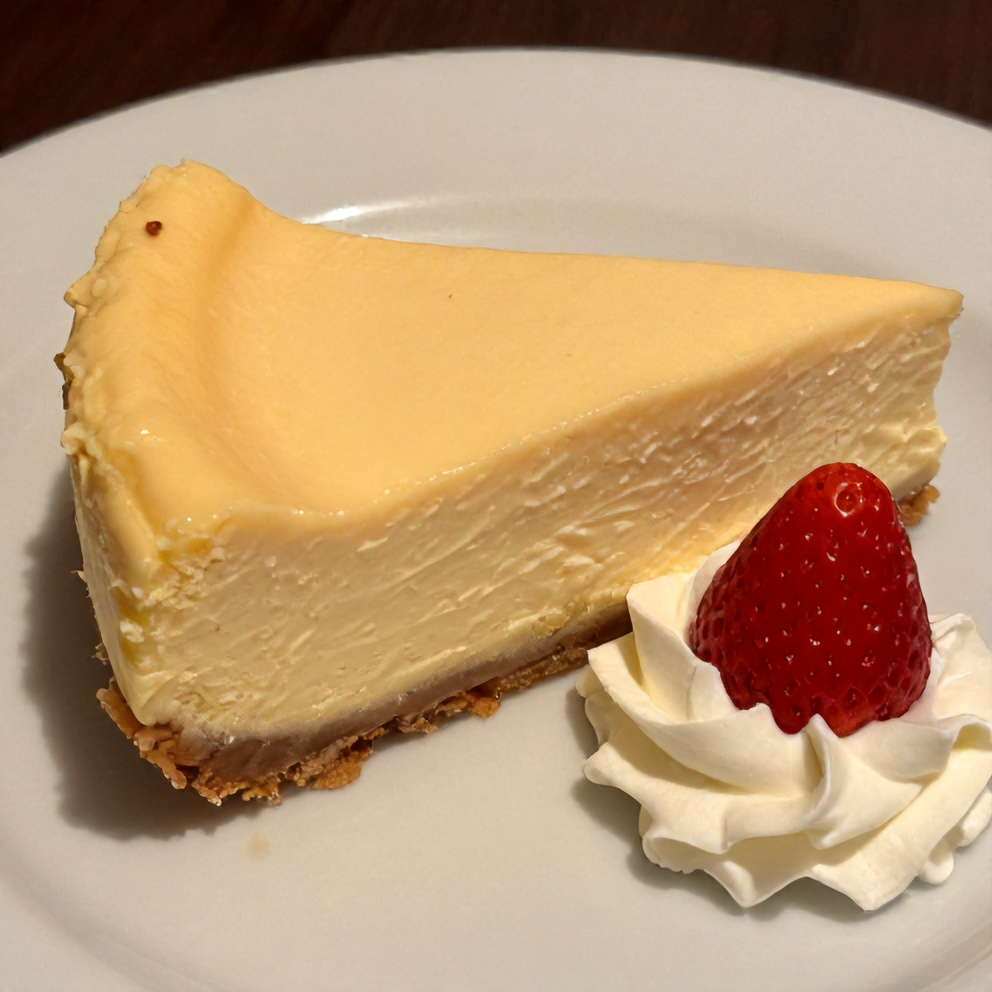Sliced Creamy Strawberry Swirl Cheesecake on a plate with a dollop of whipped cream