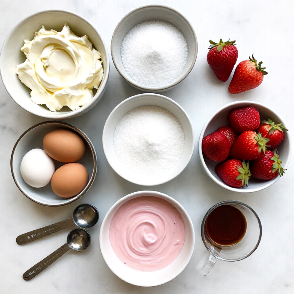 Raw ingredients for Creamy Strawberry Swirl Cheesecake including cream cheese, sugar, eggs, and fresh strawberries