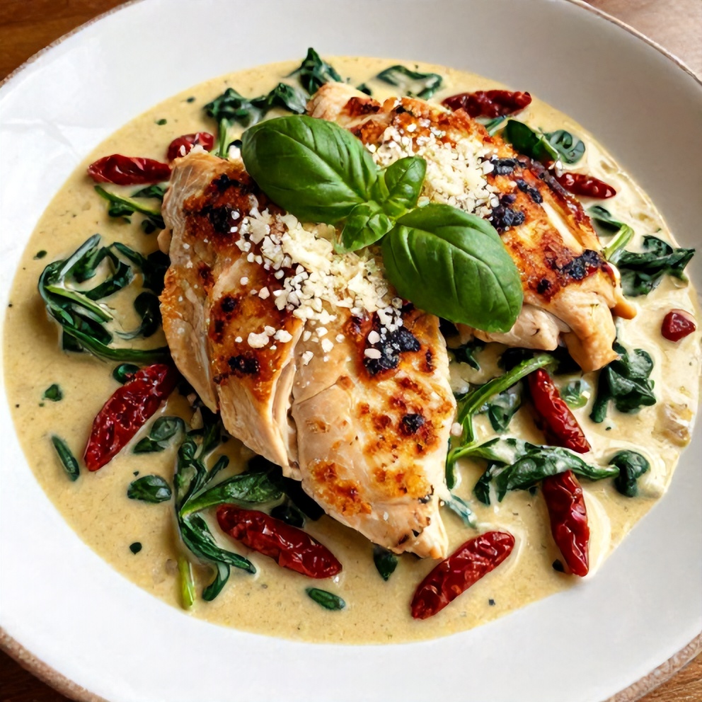Plated Sun-Dried Tomato Chicken Skillet with Spinach