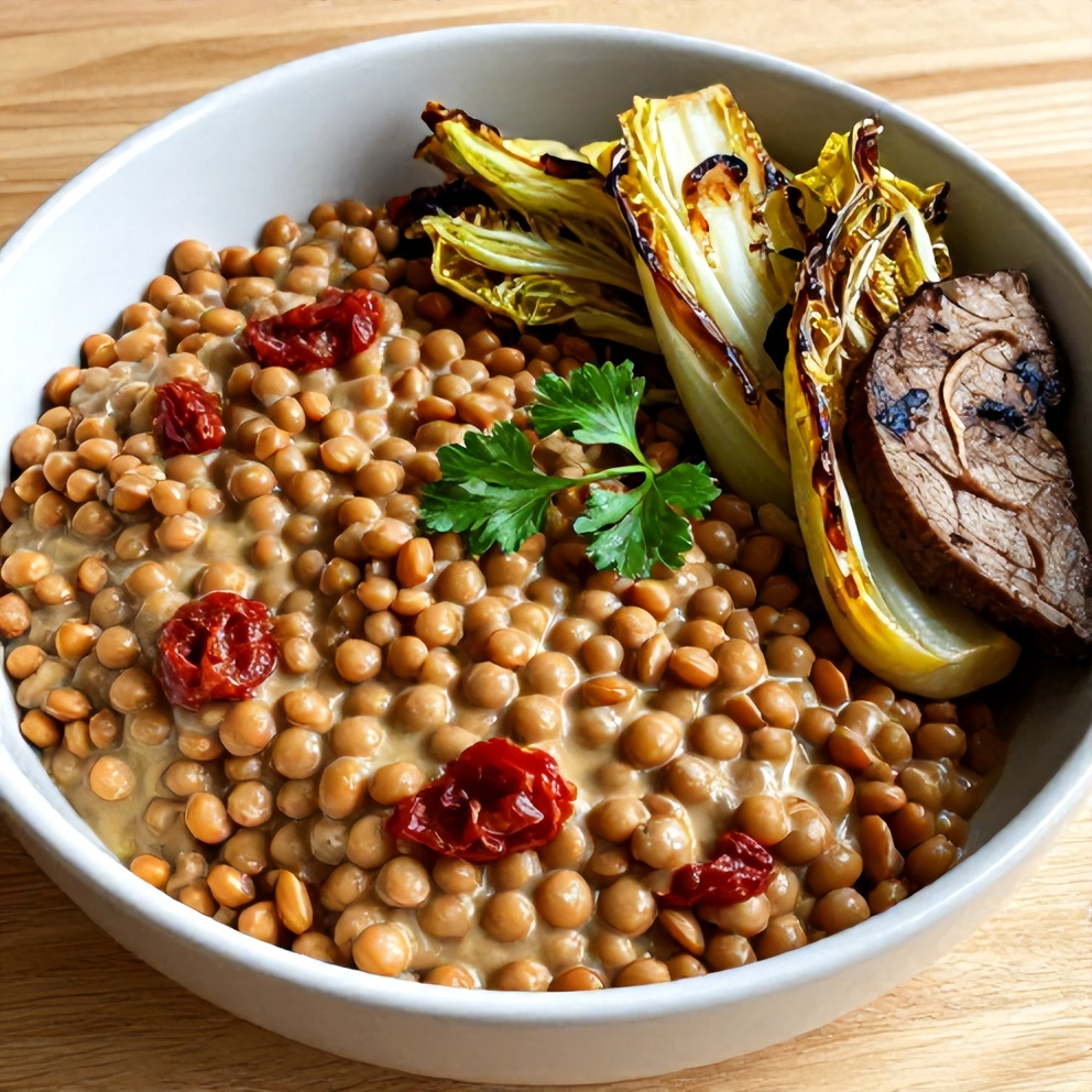 A bowl of creamy sundried tomato lentils served with a side of garlic roasted cabbage steaks