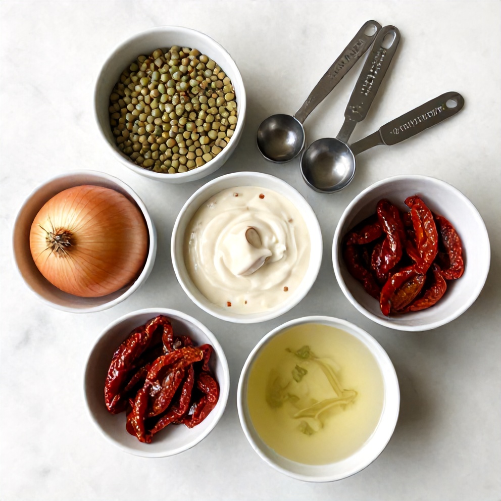 Raw ingredients for creamy sundried tomato lentils arranged on a white marble surface