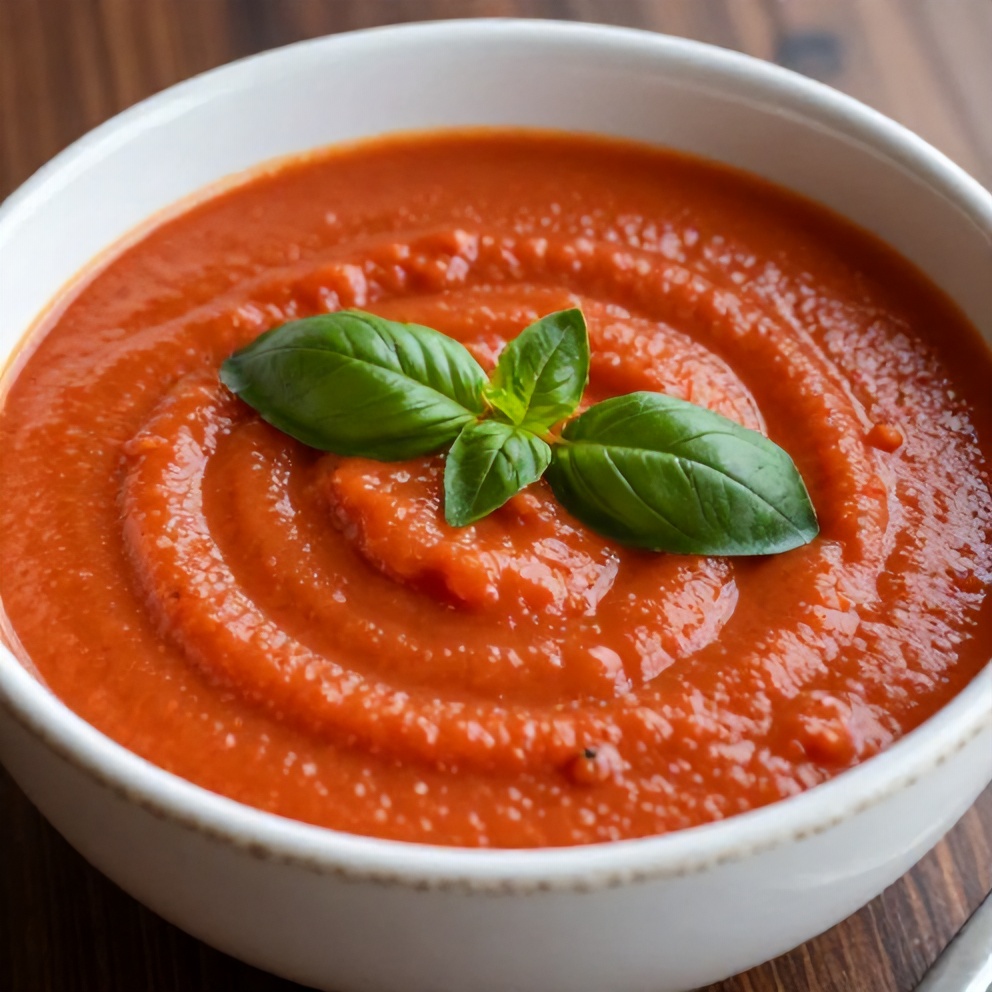 A bowl of creamy tomato soup garnished with fresh basil on a ceramic plate