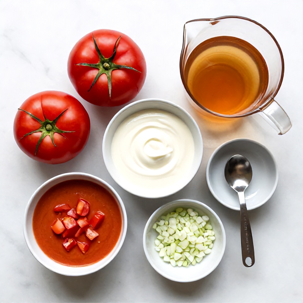 Raw ingredients for creamy tomato soup including fresh tomatoes, onions, garlic, cream, and vegetable broth