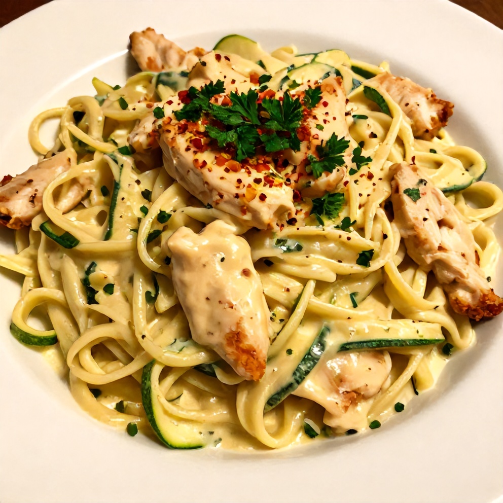 Plated Creamy Zucchini Noodle Chicken Alfredo