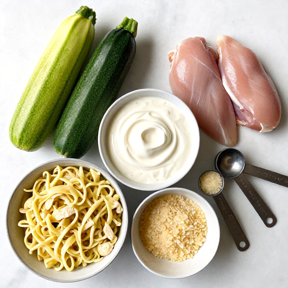 Raw ingredients for Creamy Zucchini Noodle Chicken Alfredo