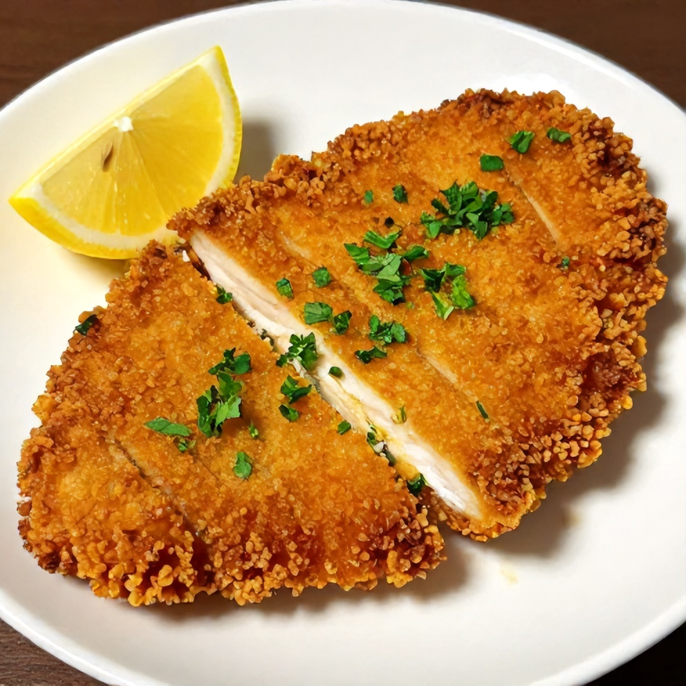 Close-up of one golden crispy chicken cutlet garnished with parsley on a white plate