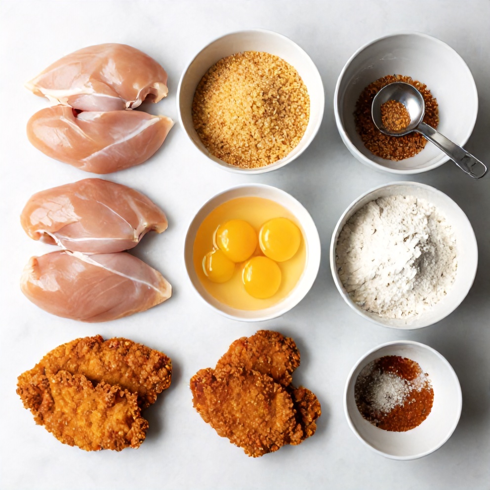 Flat lay of raw chicken cutlets, eggs, flour, breadcrumbs, and seasoning bowls on white marble surface