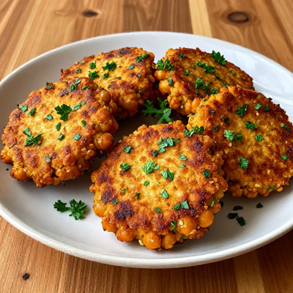 Plated crispy baked chickpea patties with fresh herbs on a wooden table
