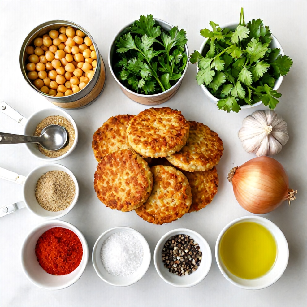 Raw ingredients for crispy baked chickpea patties on a marble surface