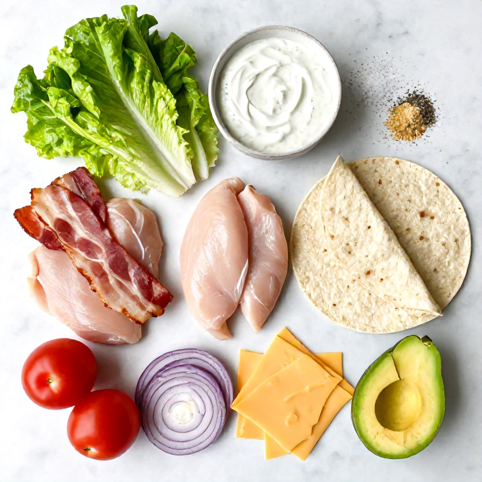 Raw ingredients for Crispy Chicken Bacon Ranch Wrap