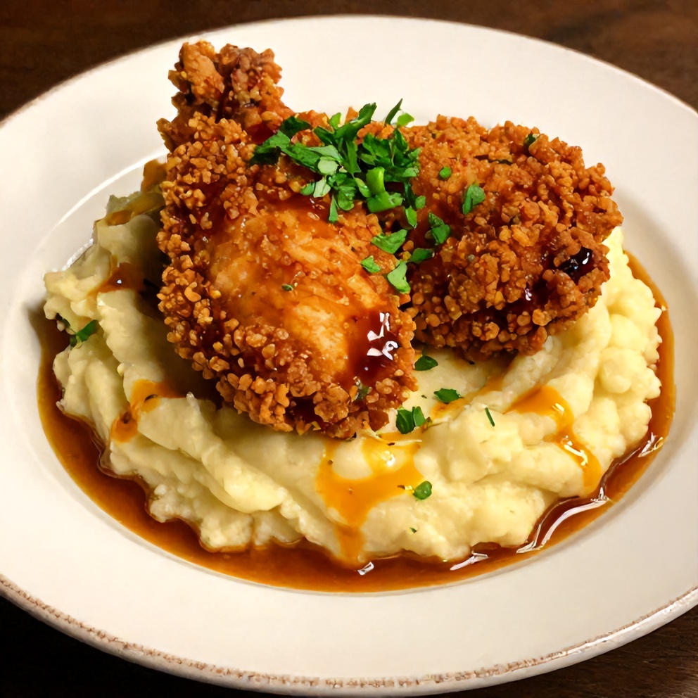 Crispy Chipotle Honey Chicken with Smoked Gouda Mashed Potatoes plated