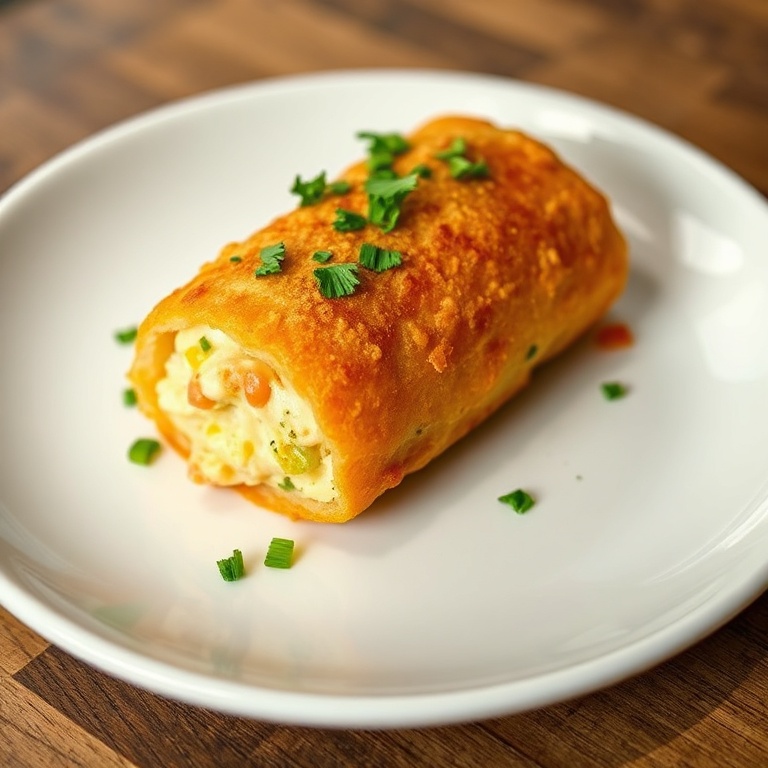 One plated crispy crab shrimp queso roll garnished with chopped parsley on white ceramic plate