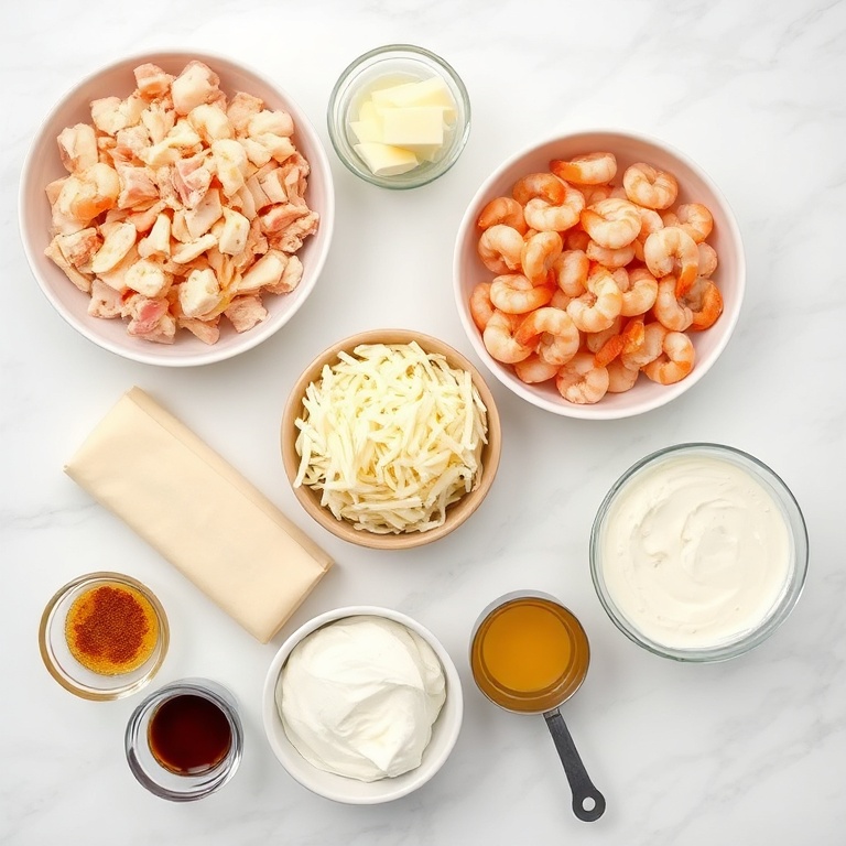 Overhead flat lay of raw crab meat, shrimp, shredded cheese, egg wash and seasoning bowls on white marble surface