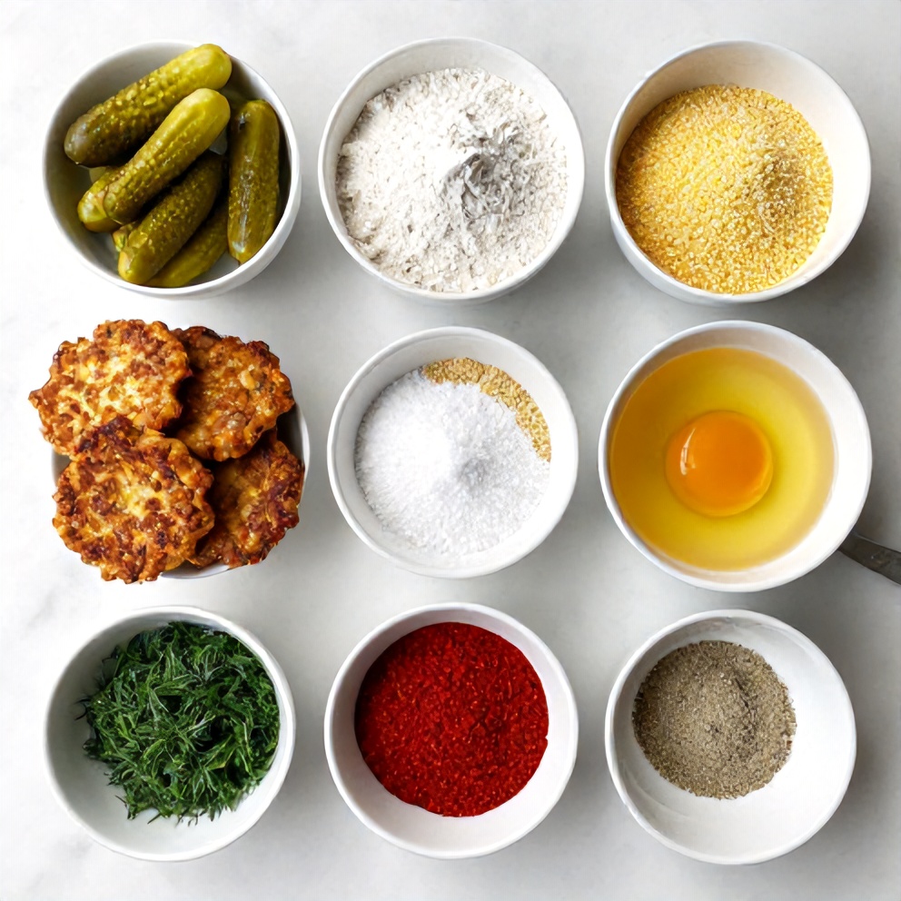 Raw ingredients for Crispy Dill Pickle Fritters on a white marble surface