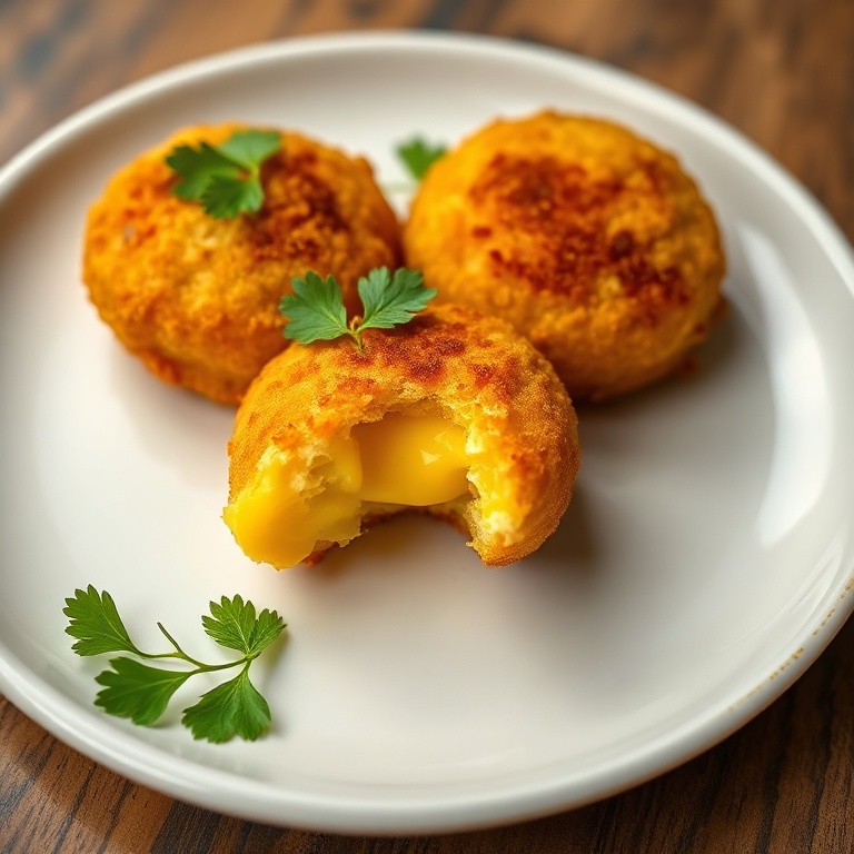 Three crispy fried cheese bites on a white ceramic plate with fresh parsley garnish, golden crust glistening, cheese oozing slightly, warm side lighting highlighting crunch