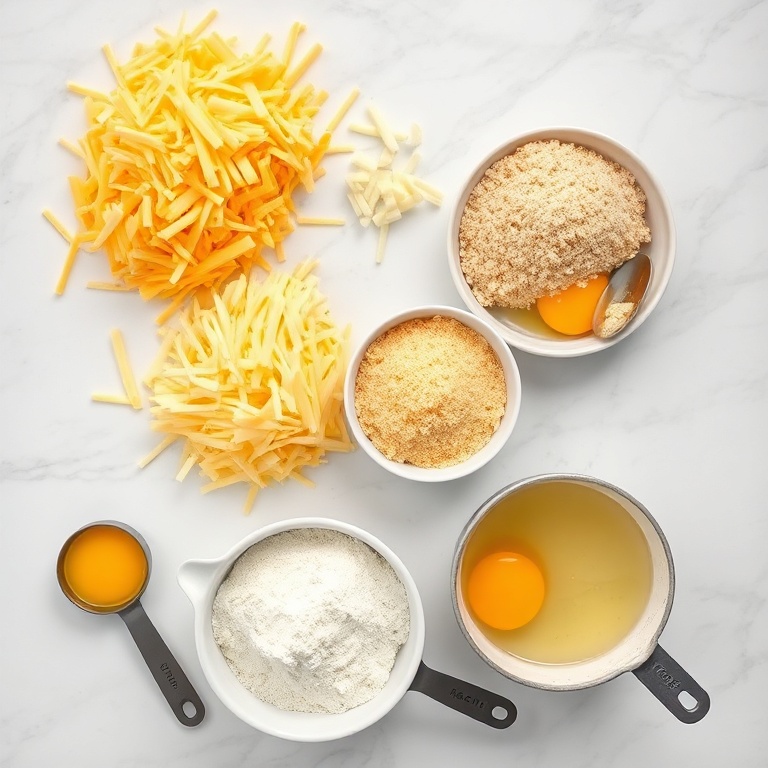 Overhead flat lay of shredded sharp cheddar, shredded mozzarella, panko breadcrumbs, all-purpose flour, large eggs, small prep bowls, measuring spoons, white marble surface