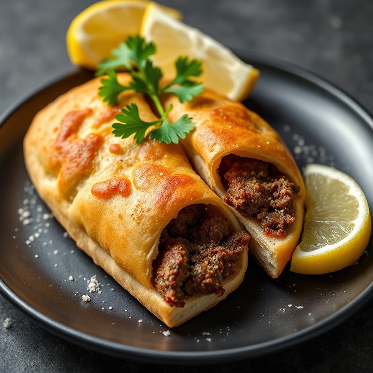 One plated crispy Lebanese beef arayes on a rustic ceramic plate with lemon wedge, sumac, and fresh parsley.