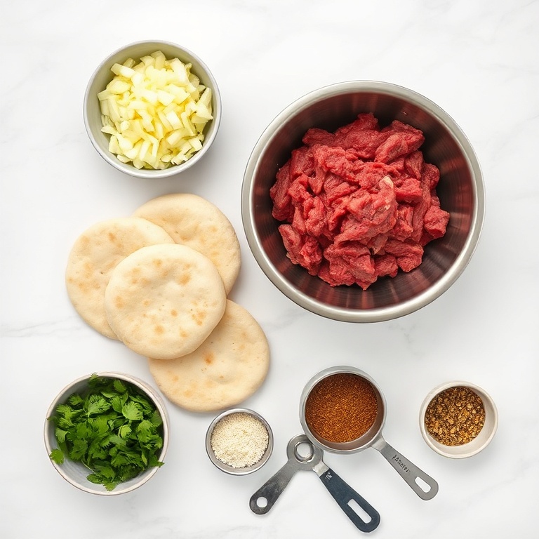 Raw ingredients for Lebanese beef arayes: ground beef, pita bread, onions, parsley, garlic, sumac, and olive oil arranged on white marble with stainless steel prep bowls and measuring spoons.
