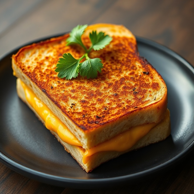 Plated crispy grilled cheese sandwich sliced diagonally, garnished with fresh cilantro leaves, on a matte black ceramic plate with warm side lighting highlighting crispy edges and melted cheese pull.