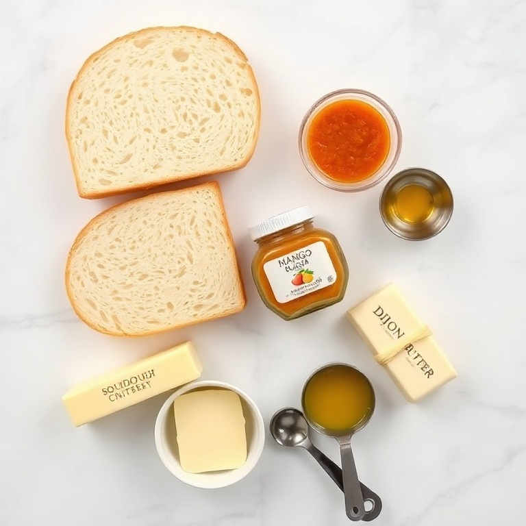 Overhead flat lay: sourdough bread slices, sharp cheddar cheese blocks, mango chutney jar, unsalted butter stick, and Dijon mustard in small prep bowls on white marble.