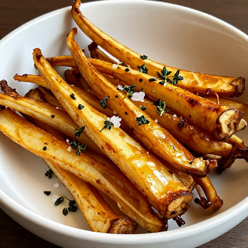 Crispy maple roasted parsnips with thyme plated on a white ceramic rimmed bowl, garnished with fresh thyme leaves and flaky sea salt, warm side lighting highlighting crispy edges