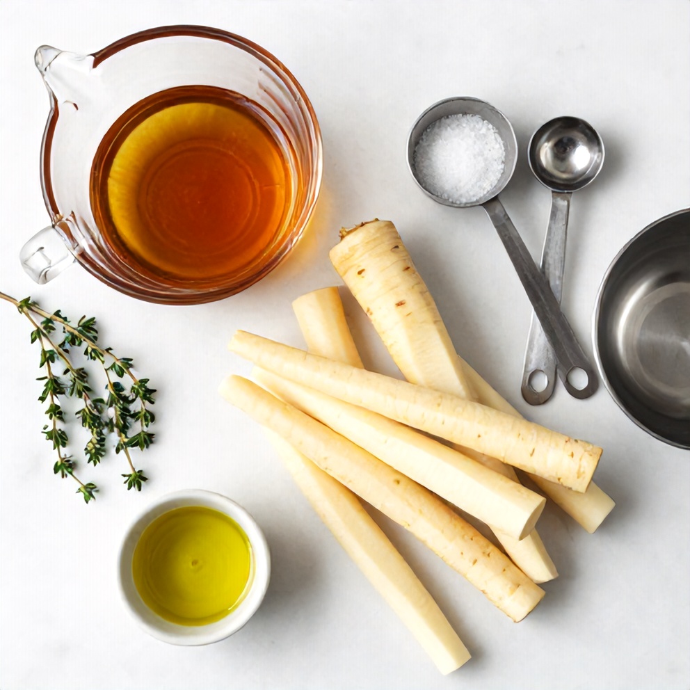 Raw parsnips, pure maple syrup, fresh thyme sprigs, olive oil, kosher salt, and black pepper arranged on white marble with stainless steel measuring spoons and small ceramic bowls
