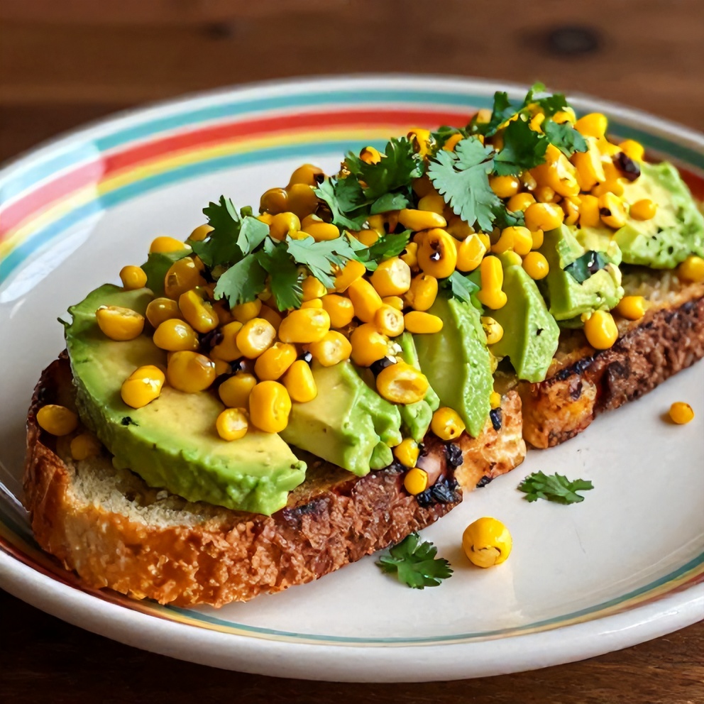 Plated serving of crispy Mexican Street Corn Avocado Toast on a colorful plate