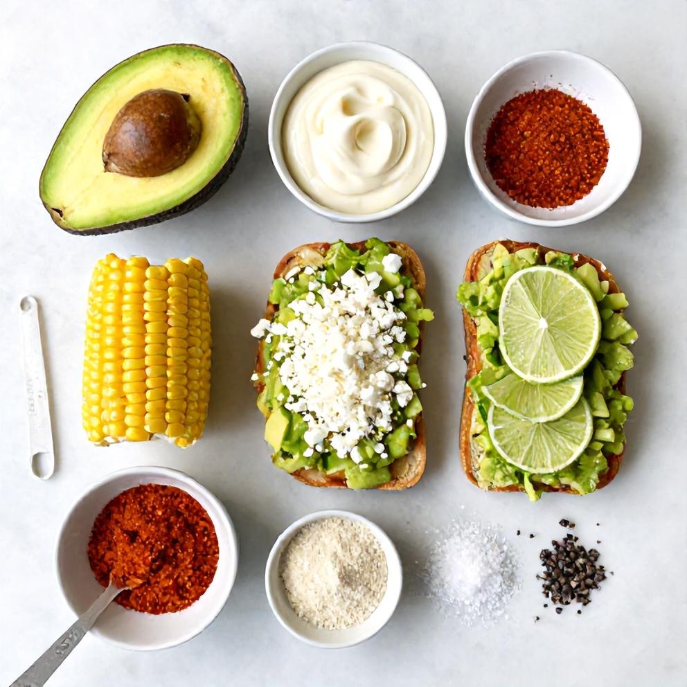 Raw ingredients for Mexican Street Corn Avocado Toast on a white marble surface