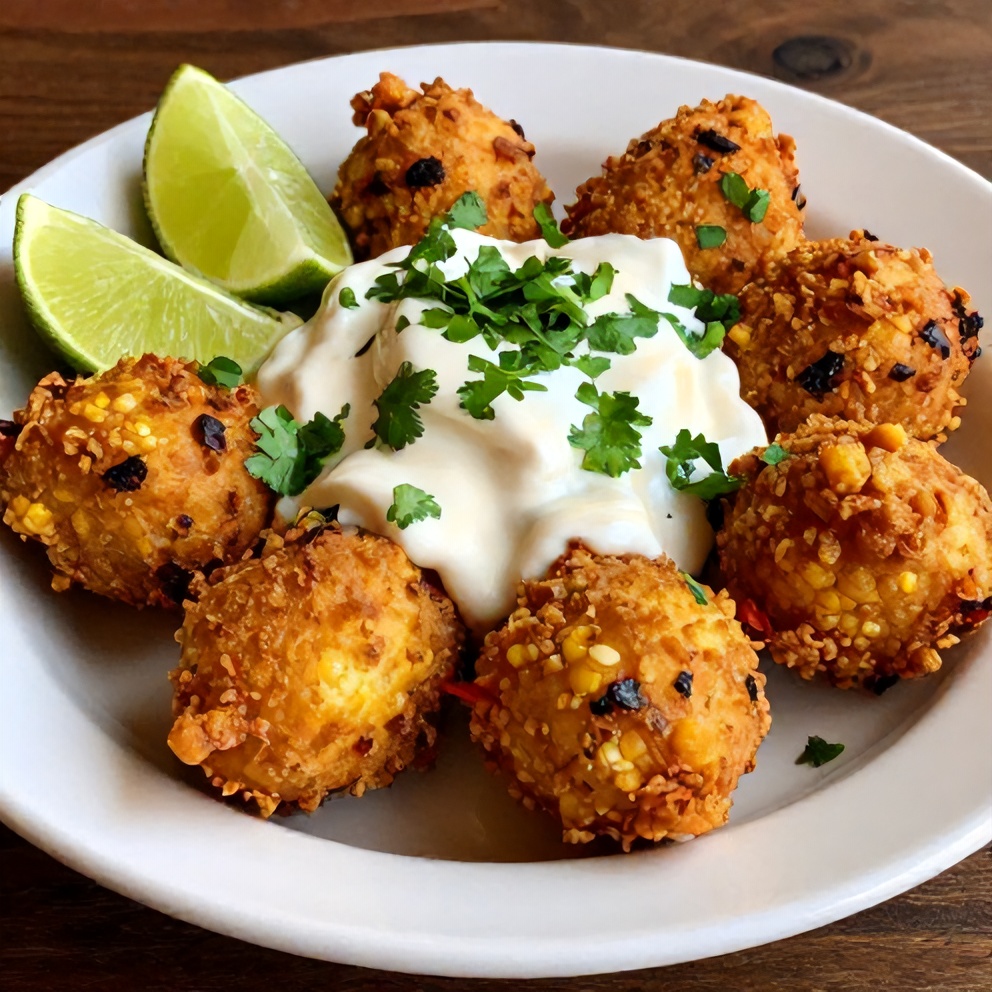 Plated Mexican Street Corn Fritters with Spicy Lime Sauce