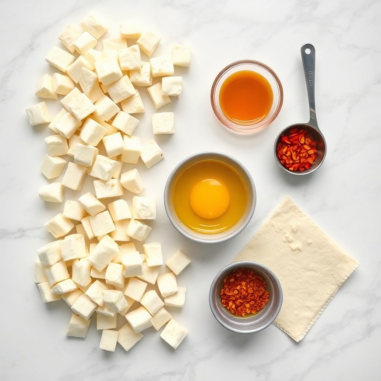 Raw ingredients for crispy oven fried feta rolls: feta cheese cubes, phyllo dough sheets, eggs, honey, and red chili flakes
