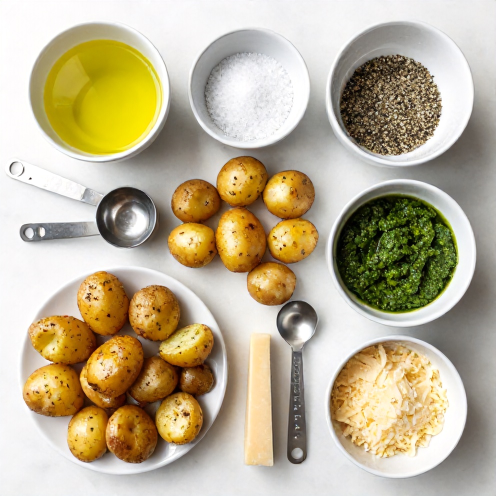 Raw ingredients for Crispy Parmesan Pesto Roasted Potatoes