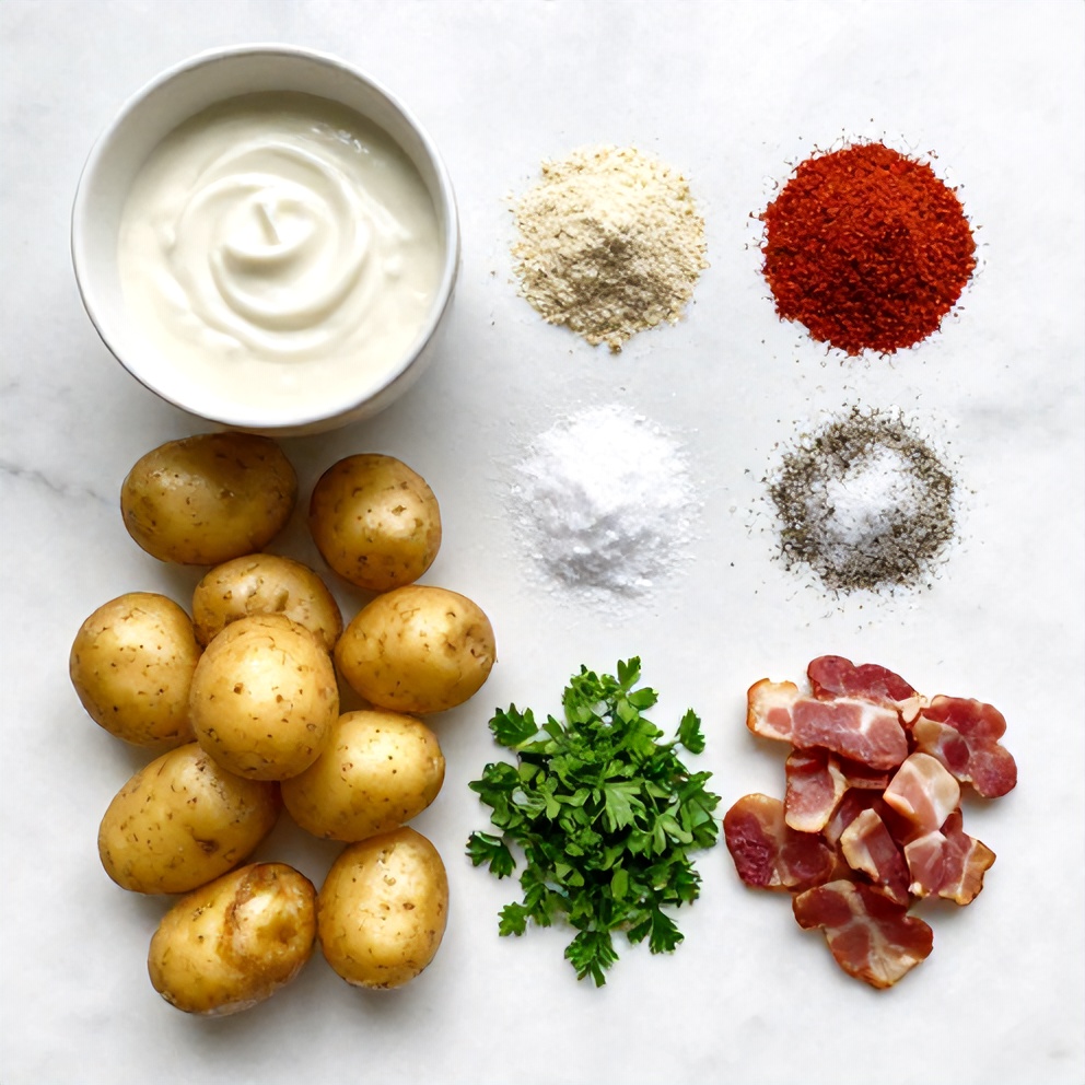 Raw ingredients for Crispy Ranch Potatoes including potatoes, ranch dressing, and seasonings