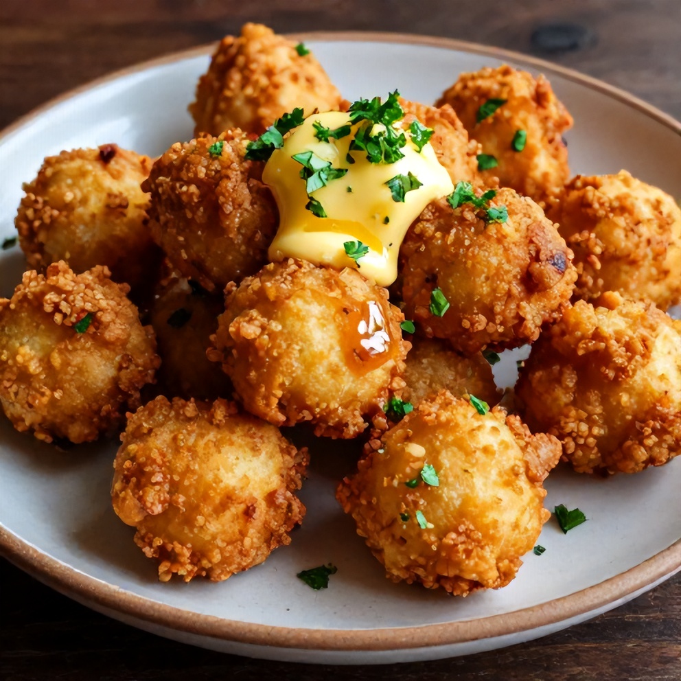 Hushpuppies with honey butter on a rustic plate