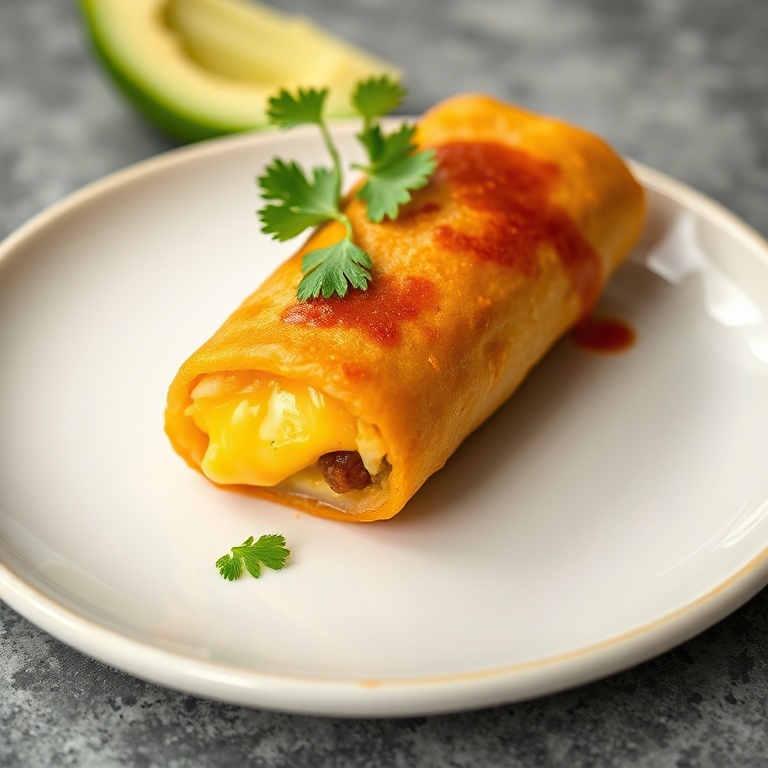 One plated southwest egg roll garnished with fresh cilantro on a ceramic plate with warm side lighting