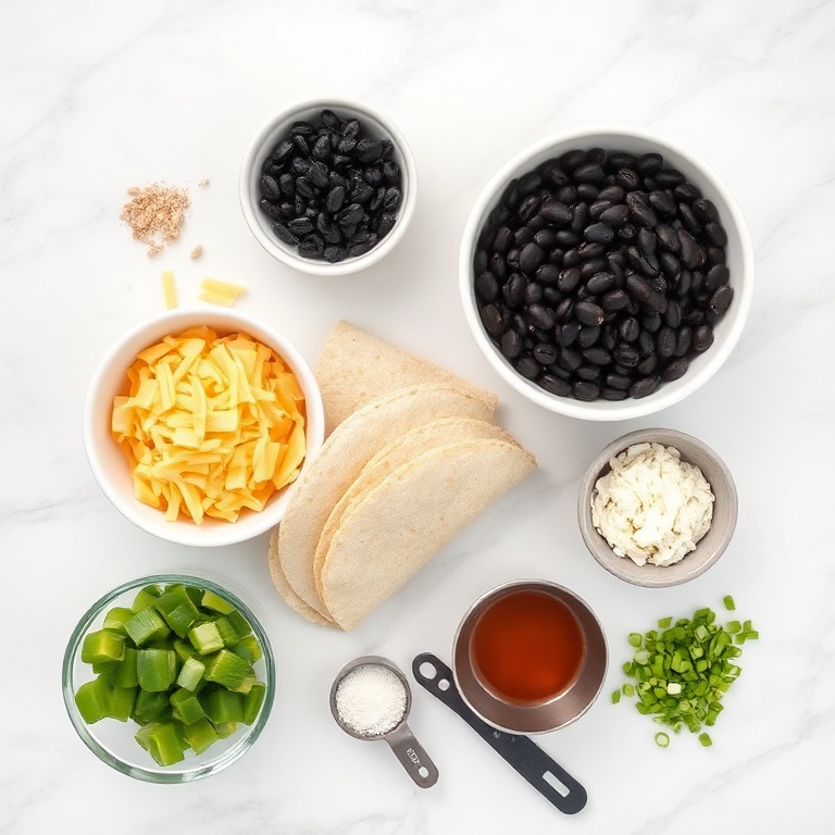 Overhead layout of raw ingredients for southwest egg rolls including black beans, shredded cheese, tortillas, green onion, and spices