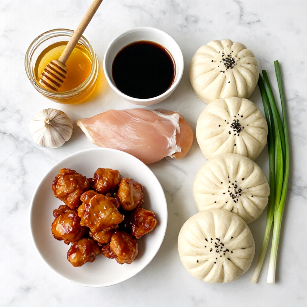 Raw ingredients for Crispy Sticky Chicken Bao Buns on a marble counter