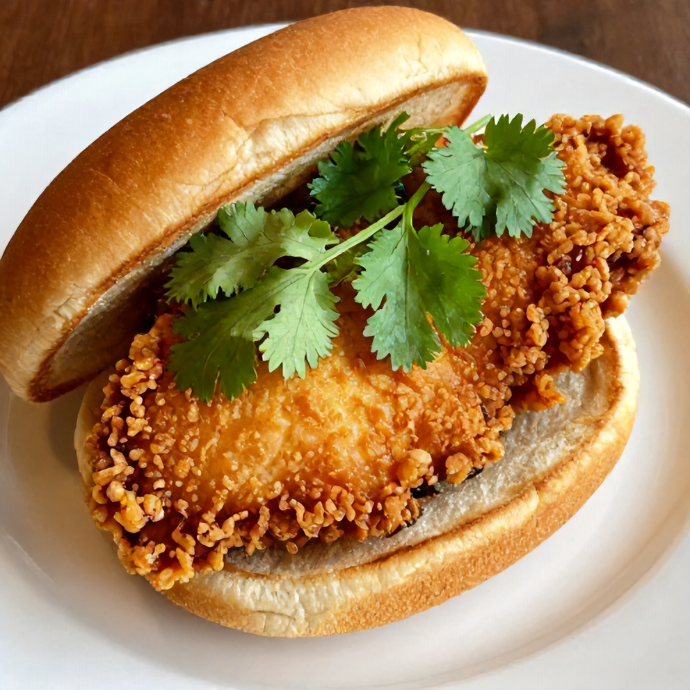 Perfect plated crispy Thai fried chicken sandwich garnished with fresh cilantro on a white plate with a side of pickled vegetables.